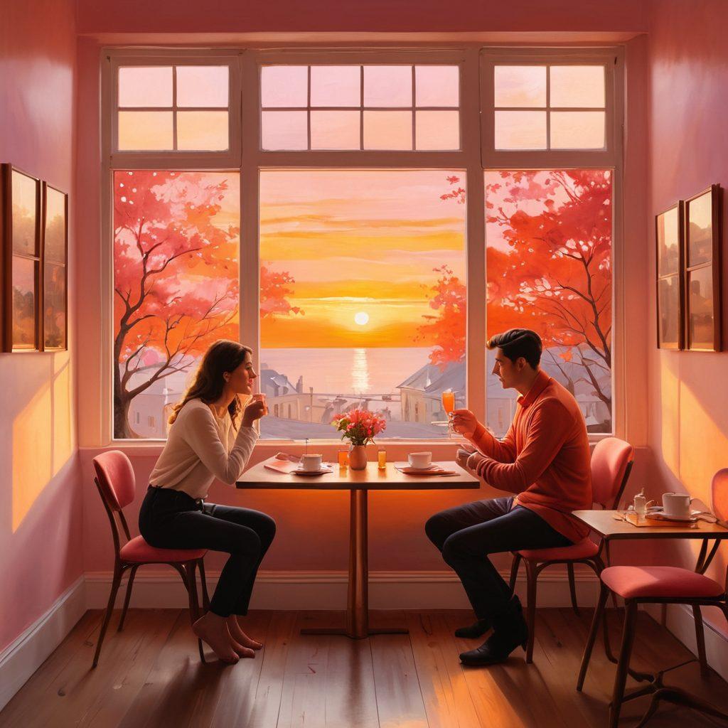 A romantic scene depicting two people in a cozy café, engaged in deep conversation, surrounded by soft candlelight and warm colors. Incorporate subtle heart shapes in the background to symbolize amorous connections. Include a window with a sunset view, hinting at the transition from flirtation to fulfillment. The atmosphere should evoke intimacy and warmth. soft painting. vibrant colors.
