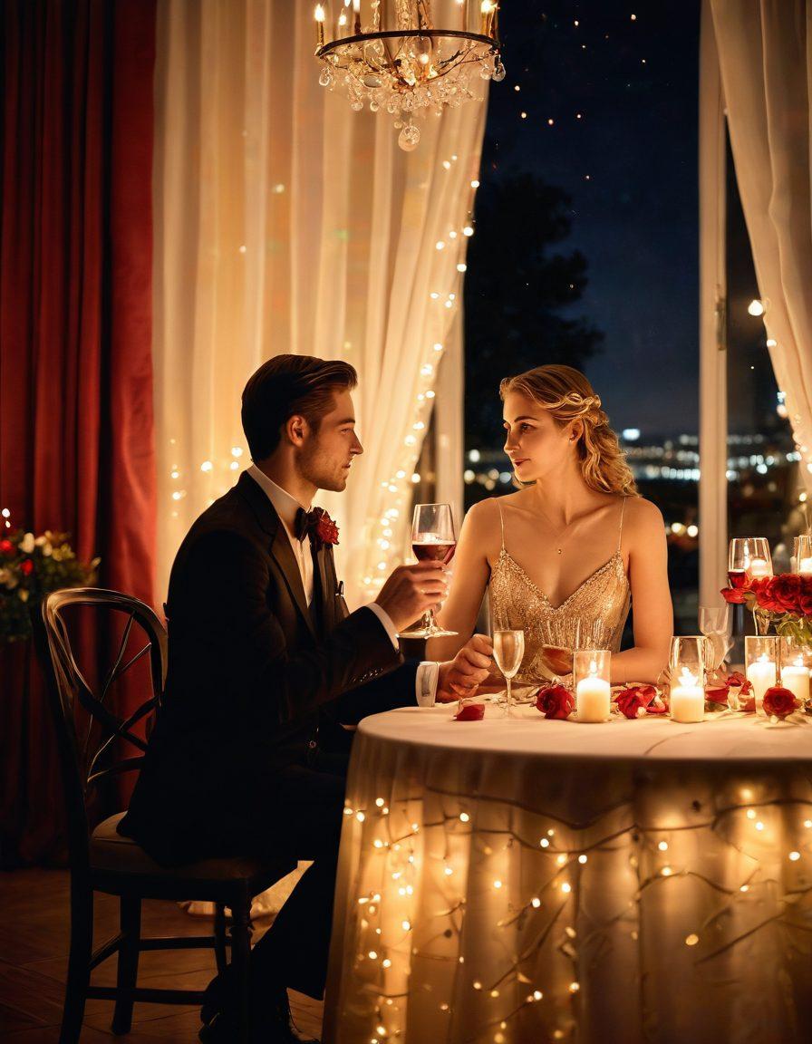 A captivating scene featuring a sophisticated couple engaged in deep conversation at a candlelit table, exuding an air of intrigue and allure. Surround them with soft, warm colors that evoke romance, and include subtle elements like rose petals and a glass of wine to enhance intimacy. In the background, hint at a beautifully draped curtain and twinkling fairy lights. This visual captures the essence of seduction and connection. super-realistic. warm tones. soft focus.