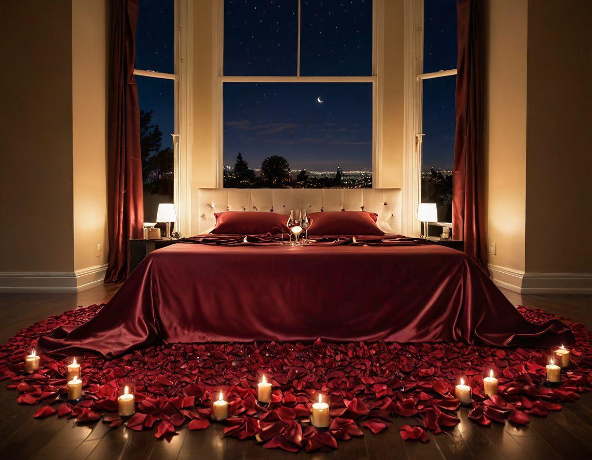 A romantic scene depicting a couple intertwined on a bed draped in lush, deep red silk sheets, illuminated by soft candlelight that casts a warm glow. Surrounding them are rose petals scattered across the floor and a bottle of champagne with two glasses, symbolizing intimacy and passion. The background features a softly blurred silhouette of a moonlit window to enhance the depth of romance and desire. super-realistic. warm tones. soft focus.